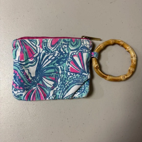 LILLY PULITZER Purse Wallet Wristlet Bag Bamboo Handle Clutch Make-up Canvas Min - Picture 3 of 10